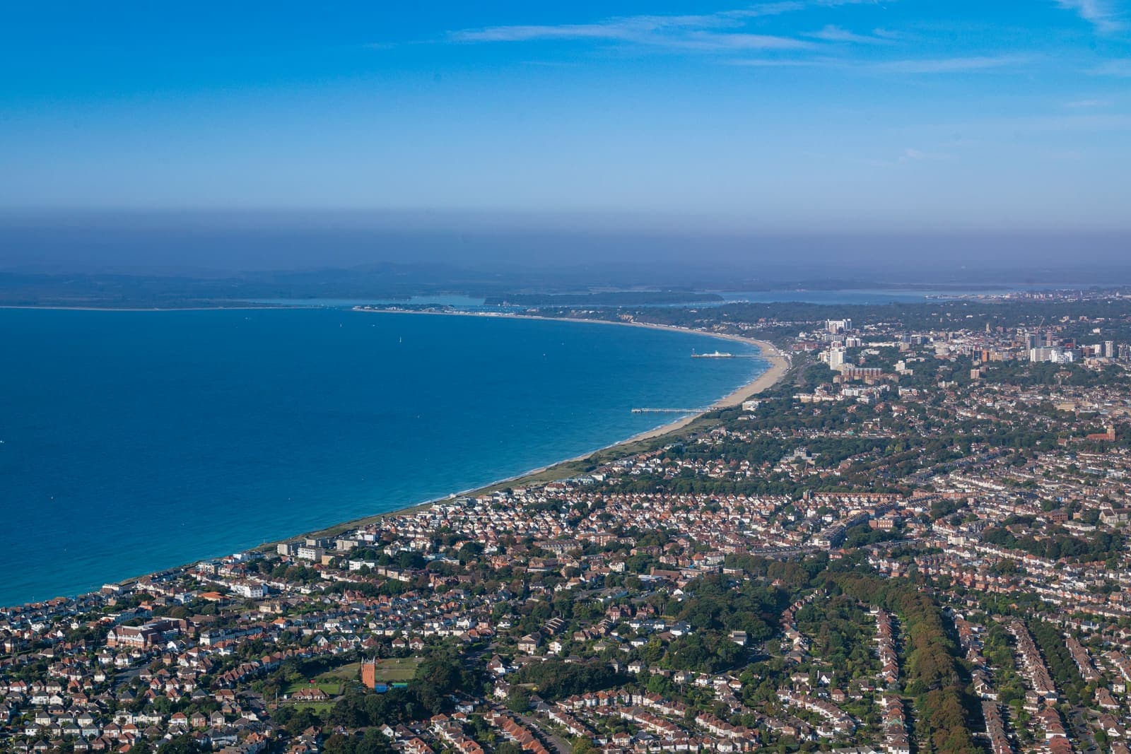 Aerial view of Bournemouth and Poole Bay from the east