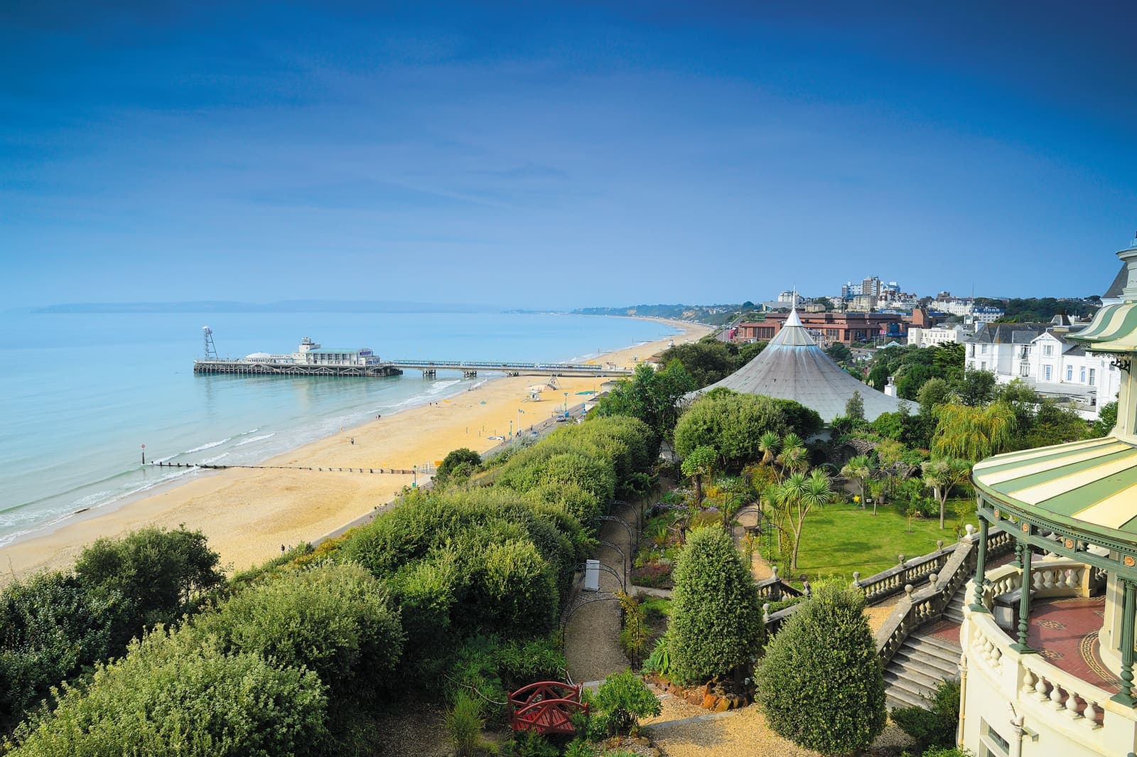 The East Cliff gardens, beach and pier seen from the Russell-Cotes