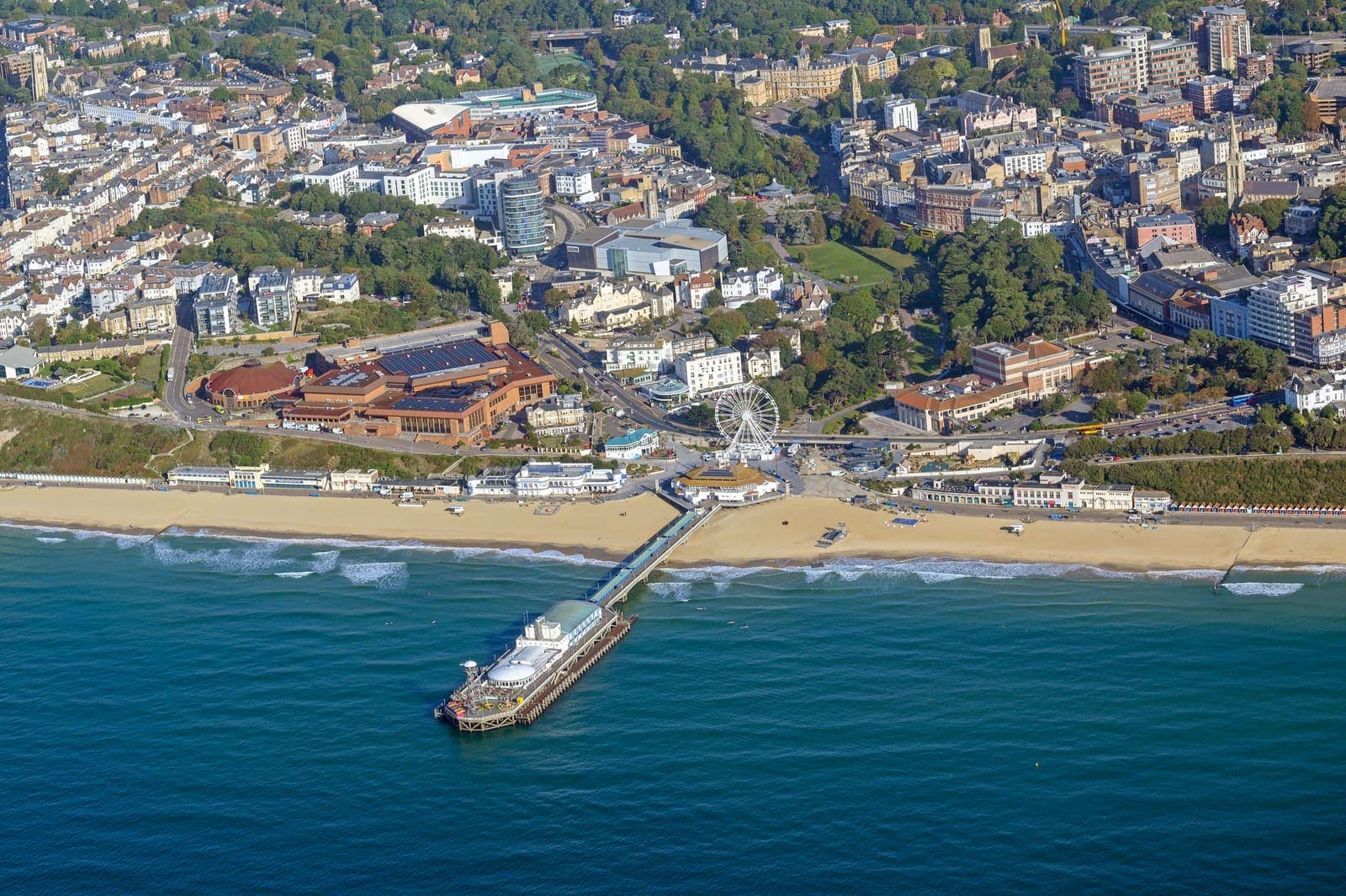 Aerial view of Bournemouth Pier, the BIC and the town centre
