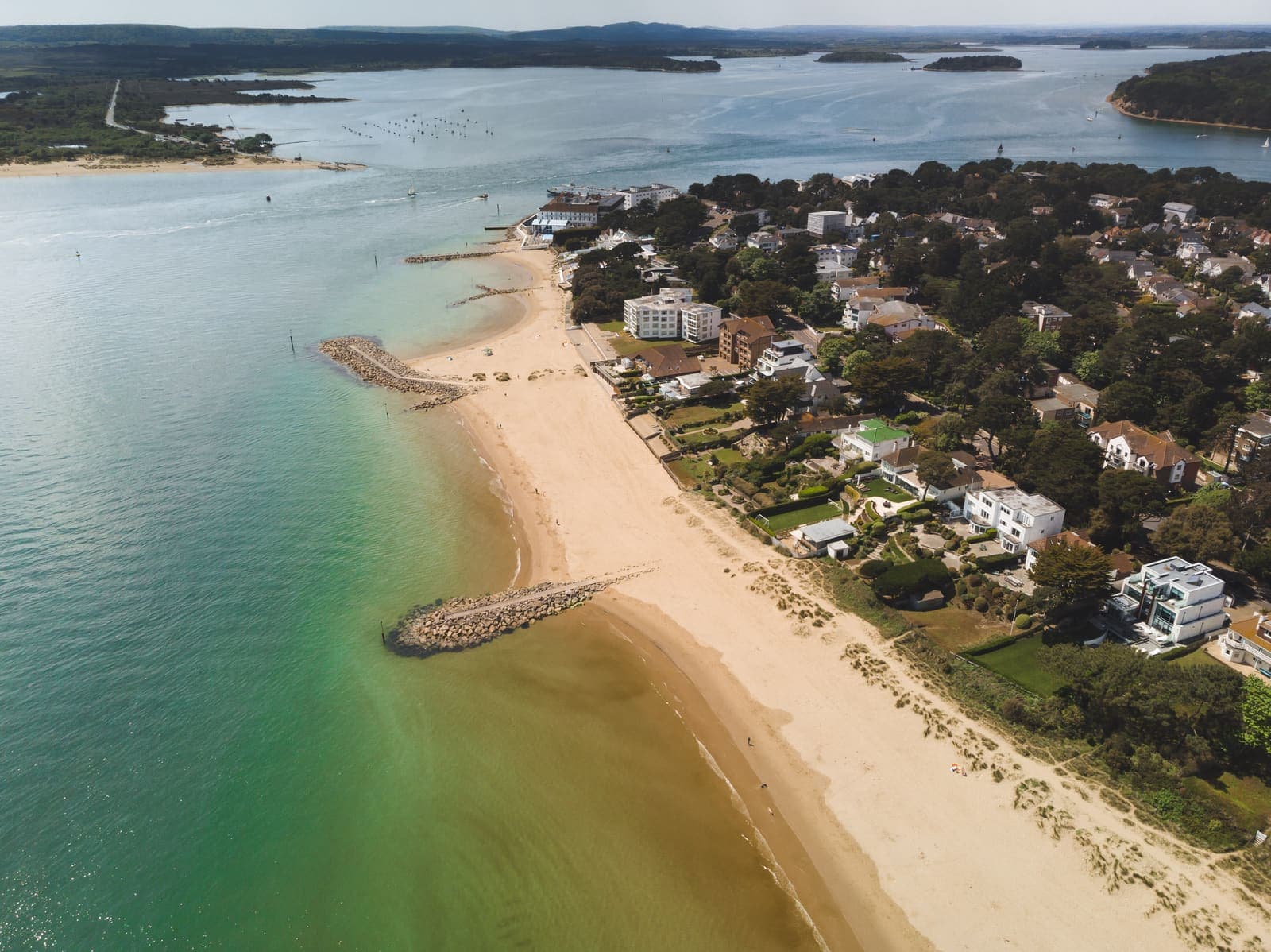 Aerial view of Sandbanks beach and Poole Harbour