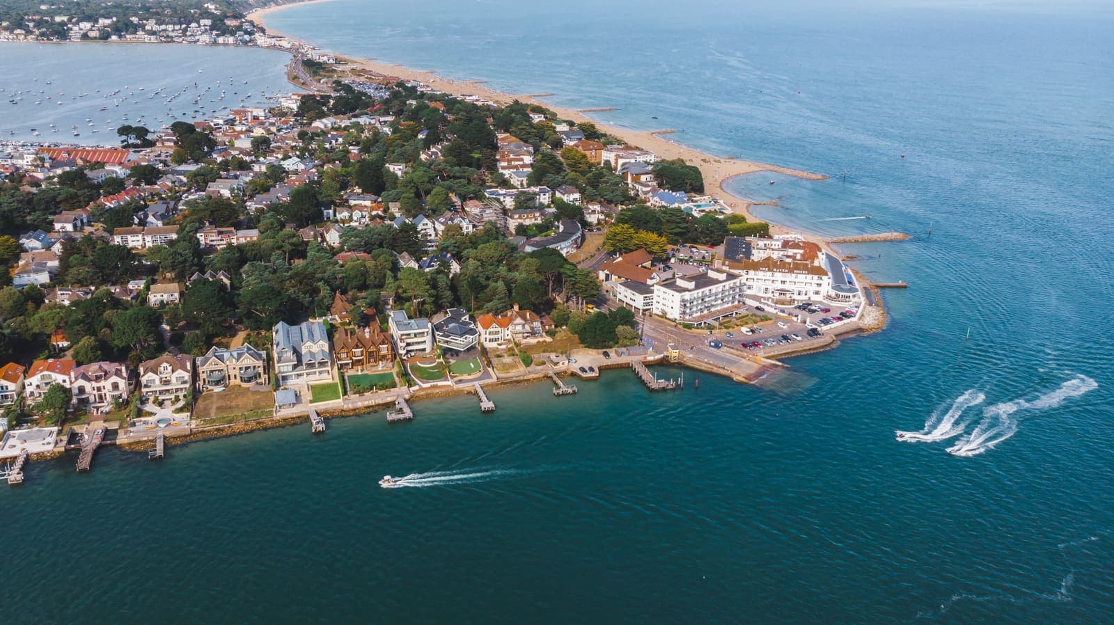 Aerial view of the Sandbanks peninsula and harbour